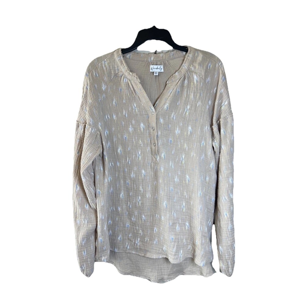 Wonderly Women's Spatter Print Beige Cotton V-neck Tunic Top Minimalist Artistic